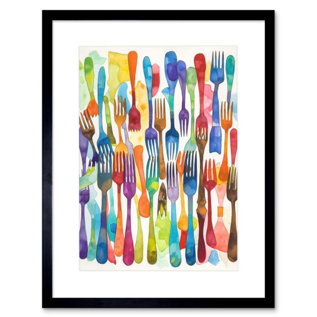 "Artery8 Wall Art Print Cutlery Pattern Multicoloured Forks Watercolour Painting Artwork Framed 9X7 Inch in Black - Size: W7"" x H9""" - image 1
