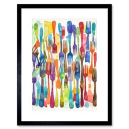 "Artery8 Wall Art Print Cutlery Pattern Multicoloured Forks Watercolour Painting Artwork Framed 9X7 Inch in Black - Size: W7"" x H9""" - thumbnail 1