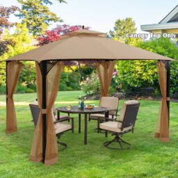 Costway 368 x 303cm Double Tiered Canopy Replacement Top w/ Air Vent in Brown - Size: 368 x 303 cm - thumbnail 9
