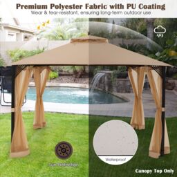Costway 368 x 303cm Double Tiered Canopy Replacement Top w/ Air Vent in Brown - Size: 368 x 303 cm - thumbnail 4