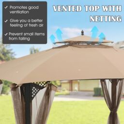 Costway 368 x 303cm Double Tiered Canopy Replacement Top w/ Air Vent in Brown - Size: 368 x 303 cm - thumbnail 6
