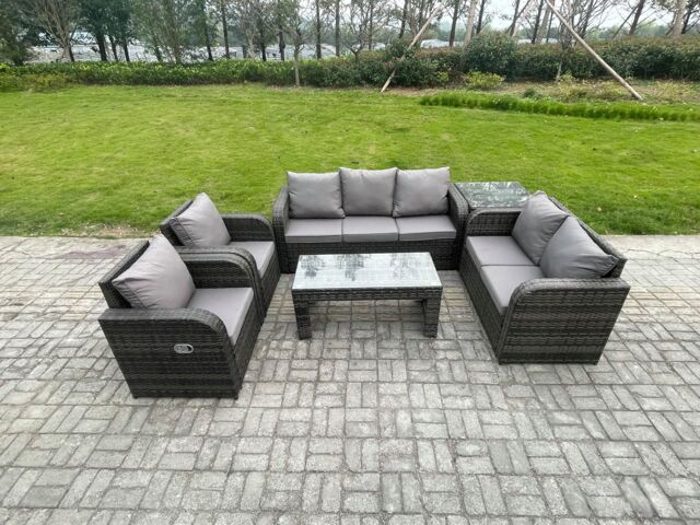 Fimous 7 Seater Outdoor Rattan Garden Furniture Set Patio Lounge Sofa Set with Rectangular Coffee Table Side Table Dark Grey Mixed - image 1
