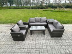 Fimous 7 Seater Outdoor Rattan Garden Furniture Set Patio Lounge Sofa Set with Rectangular Coffee Table Side Table Dark Grey Mixed - thumbnail 1