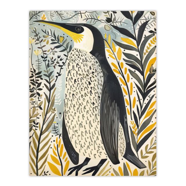 "Artery8 Rustic Penguin Quirky Botanical Animal Portrait Wall Art Print in Yellow - Size: W24"" x H32""" - image 1