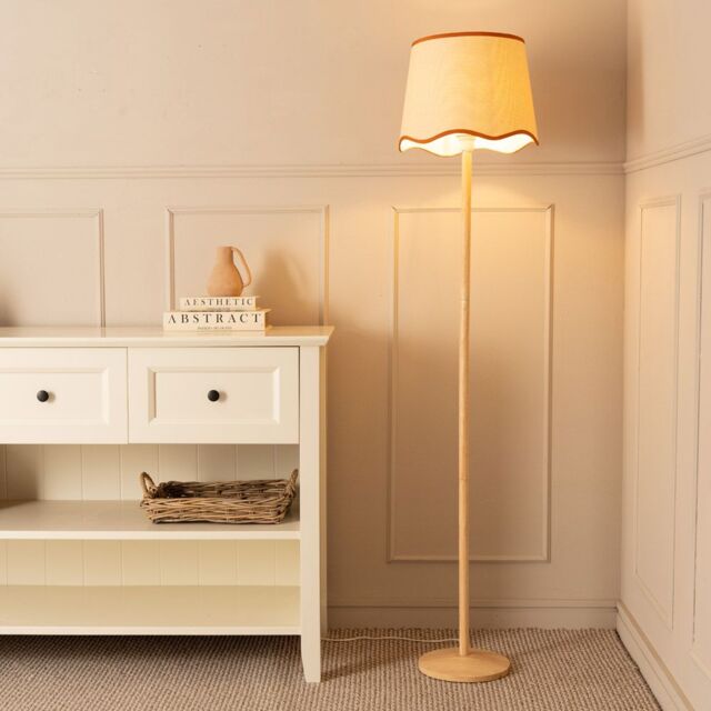 ValueLights Triston Natural Light Wood Floor Lamp with Scallop Trim Tapered Shade & LED Bulb in Burnt Orange - image 1