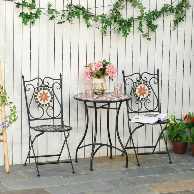 OUTSUNNY 3PCs Garden Set 1 Ceramic Tile Round Table & 2 Foldable Chairs in Black - image 1