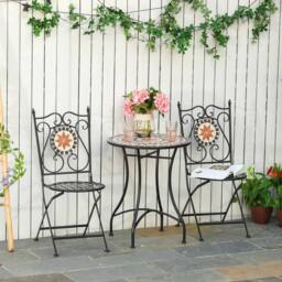 OUTSUNNY 3PCs Garden Set 1 Ceramic Tile Round Table & 2 Foldable Chairs in Black - thumbnail 1