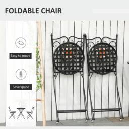 OUTSUNNY 3PCs Garden Set 1 Ceramic Tile Round Table & 2 Foldable Chairs in Black - thumbnail 4
