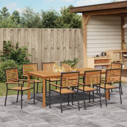 Berkfield Home 9 Piece Garden Dining Set Black Poly Rattan Acacia - thumbnail 4