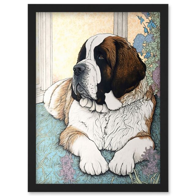 Artery8 St Bernard Dog Lying by Flower Pot Modern Bright Multicoloured Illustration Artwork Framed Wall Art Print A4 in Black - image 1