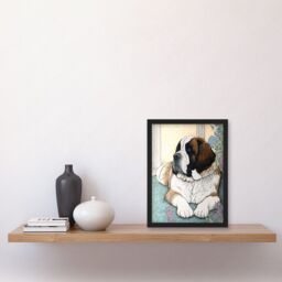 Artery8 St Bernard Dog Lying by Flower Pot Modern Bright Multicoloured Illustration Artwork Framed Wall Art Print A4 in Black - thumbnail 2