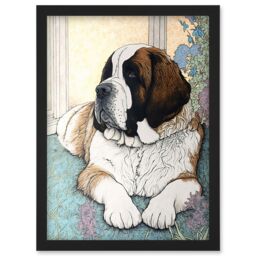 Artery8 St Bernard Dog Lying by Flower Pot Modern Bright Multicoloured Illustration Artwork Framed Wall Art Print A4 in Black - thumbnail 1