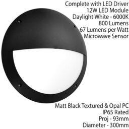 Loops IP65 Outdoor Bulkhead Lamp & Microwave Sensor Matt Black Eyelid 12W Daylight LED - thumbnail 2