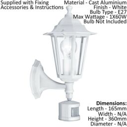 Loops IP44 Outdoor Wall Light & PIR Sensor White Aluminium Lantern 1x 60W E27 Bulb - thumbnail 2
