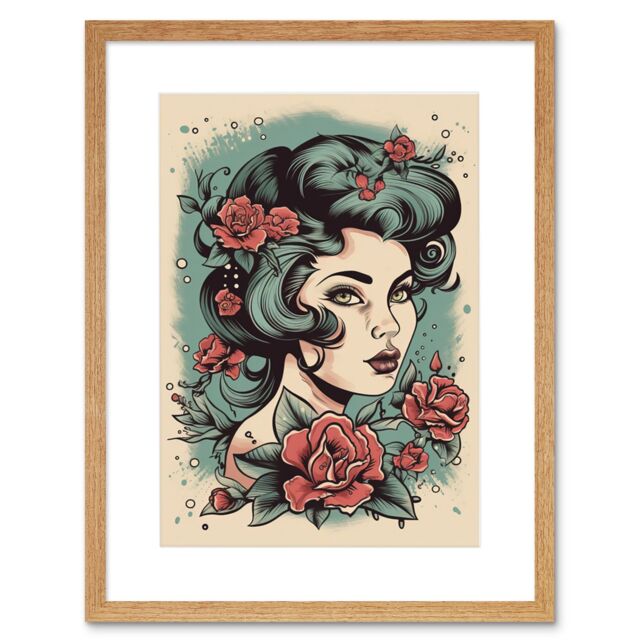 "Artery8 Wall Art Print Woman Rose Flowers Pin Up Rockabilly Americana 50s Artwork Framed 9X7 Inch in Beige - Size: W7"" x H9""" - image 1