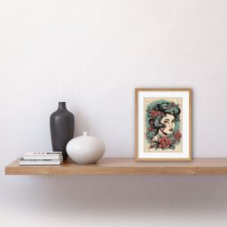 "Artery8 Wall Art Print Woman Rose Flowers Pin Up Rockabilly Americana 50s Artwork Framed 9X7 Inch in Beige - Size: W7"" x H9""" - thumbnail 2
