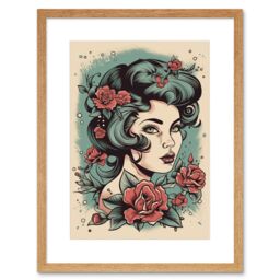 "Artery8 Wall Art Print Woman Rose Flowers Pin Up Rockabilly Americana 50s Artwork Framed 9X7 Inch in Beige - Size: W7"" x H9""" - thumbnail 1