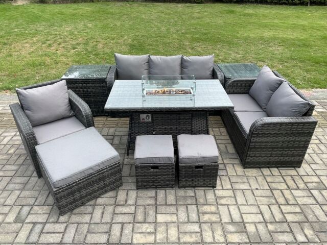 Fimous Garden Patio Furniture Wicker Rattan Gas Fire Pit Table & Sofa Chair set with 2 Side Tables 3 Footstool in Dark Grey - image 1