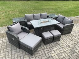 Fimous Garden Patio Furniture Wicker Rattan Gas Fire Pit Table & Sofa Chair set with 2 Side Tables 3 Footstool in Dark Grey - thumbnail 3