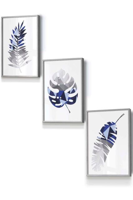 ARTZE Geometric Tropical Leaves In Navy Blue Grey Framed Wall Art - Small in Light Grey - Size: W33 cm x H45 cm x D20mm - image 1