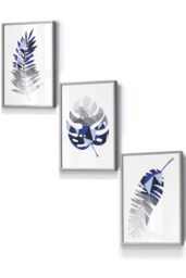 ARTZE Geometric Tropical Leaves In Navy Blue Grey Framed Wall Art - Small in Light Grey - Size: W33 cm x H45 cm x D20mm