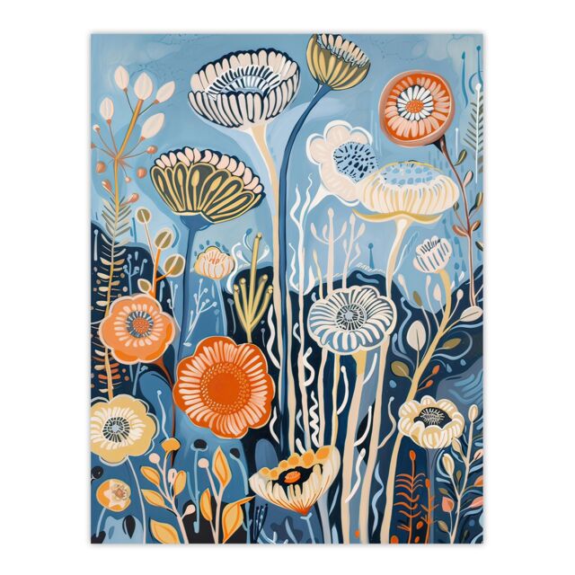 "Artery8 Blue Wildflower Sea Garden Painting Modern Floral Wall Art Print - Size: W12"" x H16""" - image 1