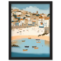 Artery8 Small Boats in St Ives Bay Coastal Cityscape Artwork Framed Wall Art Print A4 in Black - thumbnail 1