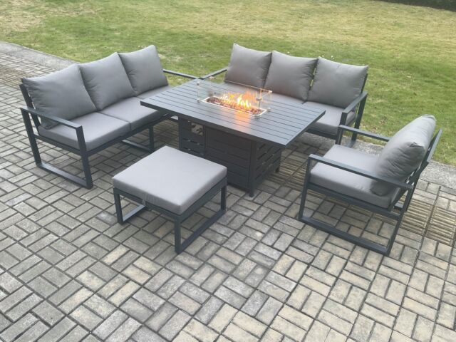 Fimous Aluminium Outdoor Lounge Sofa Garden Furniture Sets Gas Fire Pit Dining Table Set with Arm Chair Big Footstool Dark Grey - image 1
