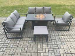 Fimous Aluminium Outdoor Lounge Sofa Garden Furniture Sets Gas Fire Pit Dining Table Set with Arm Chair Big Footstool Dark Grey - thumbnail 2