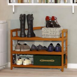 FURNOS 3-Tier Wooden Vertical Shoe Rack With Hanging Hooks in Brown - thumbnail 5