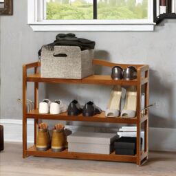 FURNOS 3-Tier Wooden Vertical Shoe Rack With Hanging Hooks in Brown - thumbnail 4