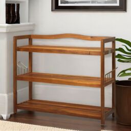 FURNOS 3-Tier Wooden Vertical Shoe Rack With Hanging Hooks in Brown