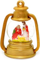 Shatchi Small Christmas Decoration Snow Globe with Merry, Joseph & Jesus in Gold Lantern in Brown