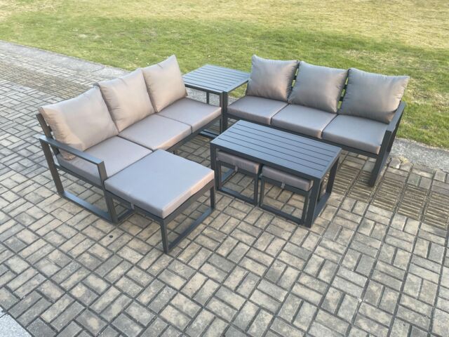 Fimous Aluminium 9 Seater Garden Furniture Outdoor Patio Sofa Set with Rectangular Coffee Table 3 Footstools Side Table Dark Grey - image 1