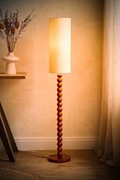 ValueLights Wyatt Natural Linen Tall Lamp Shade Walnut Wood Bobbin Floor Lamp - thumbnail 2