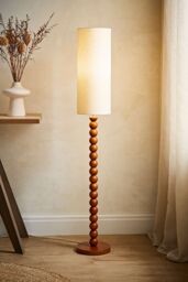 ValueLights Wyatt Natural Linen Tall Lamp Shade Walnut Wood Bobbin Floor Lamp