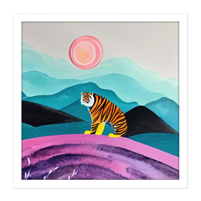 "Artery8 Wall Art Print Surreal Bengal Tiger Hunts Under A Pink Moon Square Framed Picture 16X16 Inch in White - Size: W16"" x H16""" - image 1