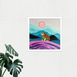 "Artery8 Wall Art Print Surreal Bengal Tiger Hunts Under A Pink Moon Square Framed Picture 16X16 Inch in White - Size: W16"" x H16""" - thumbnail 2