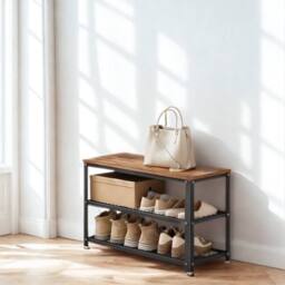 Pirlo Plush Shoe Storage Rack Bench With Open Shelves in Brown