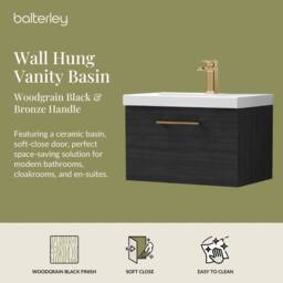 Balterley 600mm Wall Hung 1 Drawer Vanity Unit, Woodgrain Black, Bronze Handle in Black - thumbnail 2