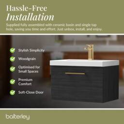 Balterley 600mm Wall Hung 1 Drawer Vanity Unit, Woodgrain Black, Bronze Handle in Black - thumbnail 4