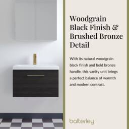 Balterley 600mm Wall Hung 1 Drawer Vanity Unit, Woodgrain Black, Bronze Handle in Black - thumbnail 7