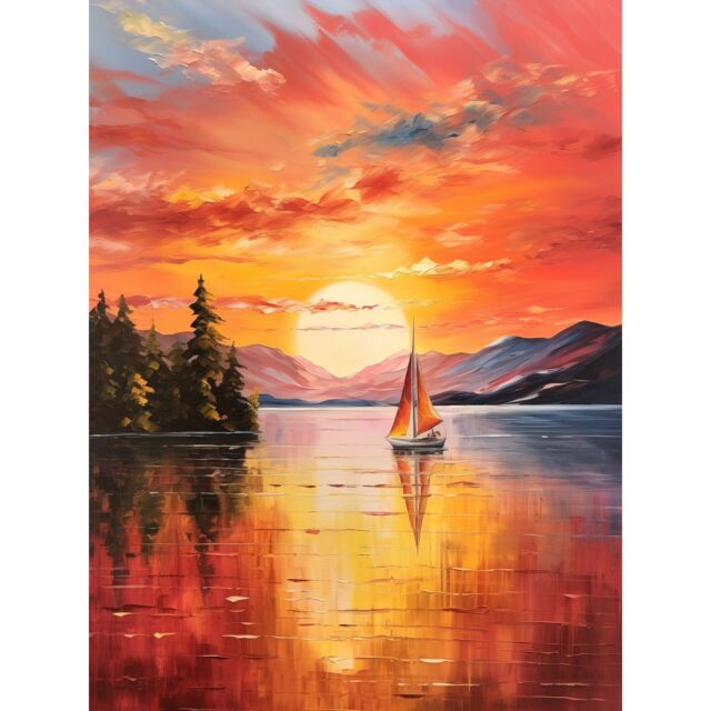 "Artery8 Wall Art Print Serene Lake Sunset Sailing Vibrant Oil Painting Sail Boat Lakeside Mountain Landscape Poster in Orange - Size: W24"" x H32""" - image 1