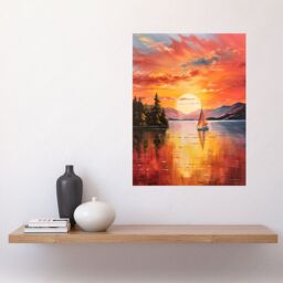 "Artery8 Wall Art Print Serene Lake Sunset Sailing Vibrant Oil Painting Sail Boat Lakeside Mountain Landscape Poster in Orange - Size: W24"" x H32""" - thumbnail 2