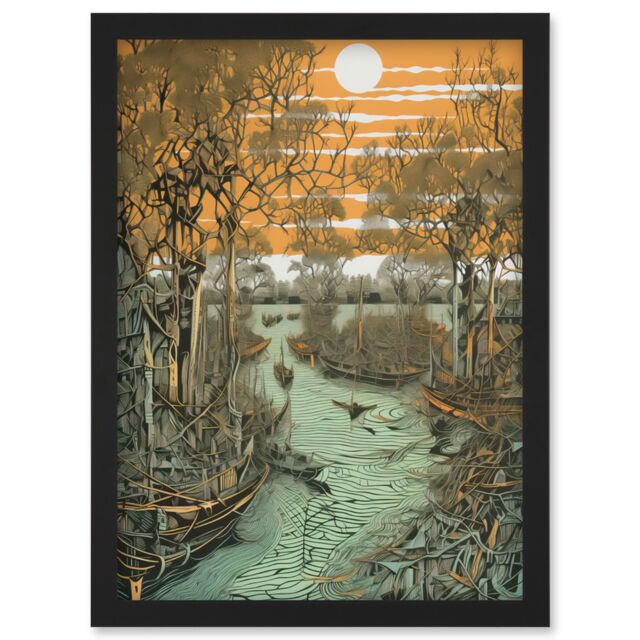 Artery8 Mangrove Forest Swamp Landscape Linocut Style Artwork Framed Wall Art Print A4 in Black - image 1