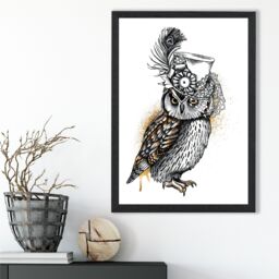ARTZE Steam Punk Owl Sketch Framed Print SIZE: A2 with Black Frame in Yellow - Size: A4 - thumbnail 2
