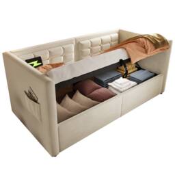 ModernLuxe Upholstered ottoman daybed with USB-C for children in Beige - Size: Single - thumbnail 7