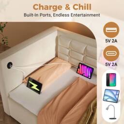 ModernLuxe Upholstered ottoman daybed with USB-C for children in Beige - Size: Single - thumbnail 3