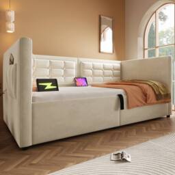 ModernLuxe Upholstered ottoman daybed with USB-C for children in Beige - Size: Single - thumbnail 8