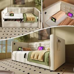 ModernLuxe Upholstered ottoman daybed with USB-C for children in Beige - Size: Single